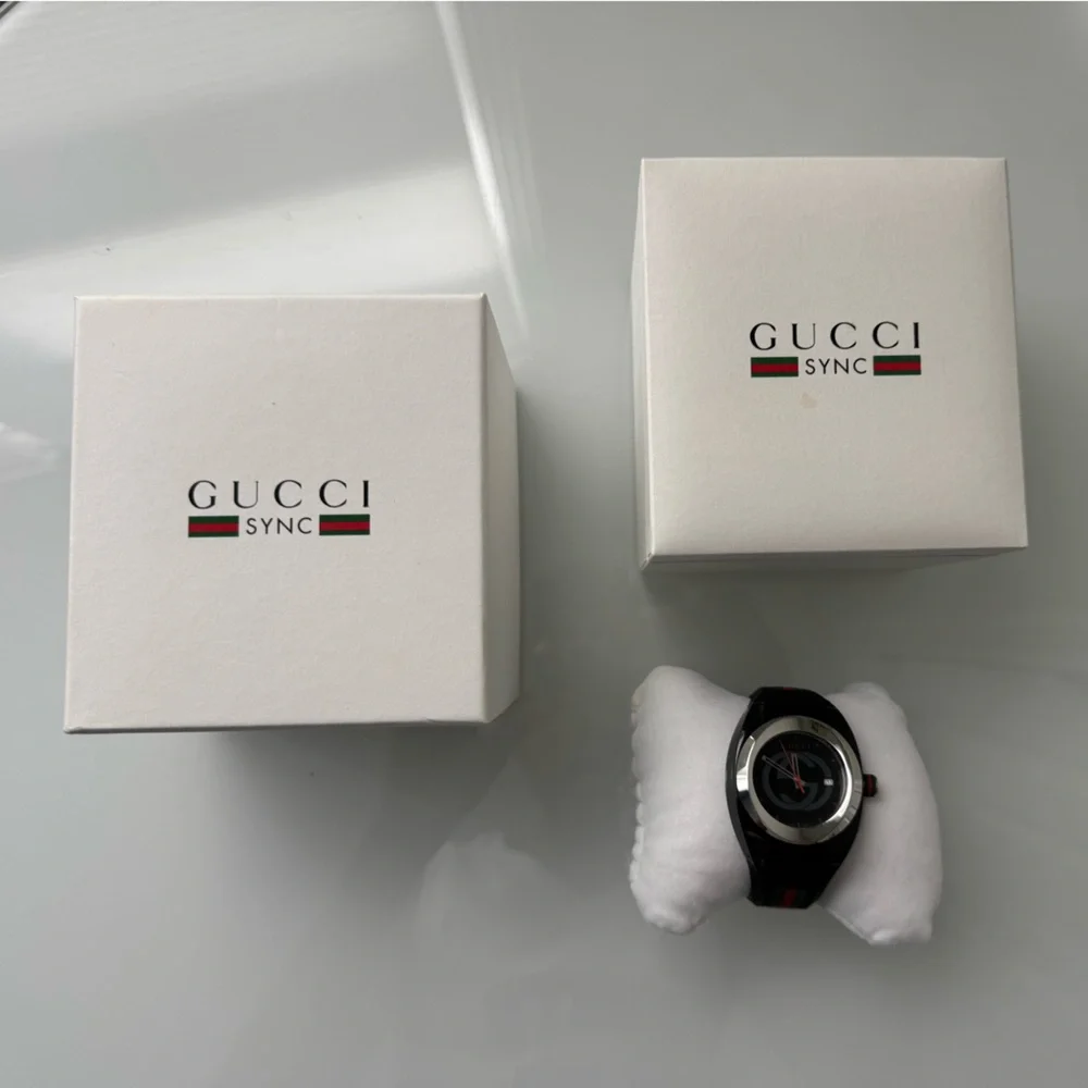 Gucci Swiss Made Black Stainless Steel & Rubber Watch Preloved Boxed Monogram